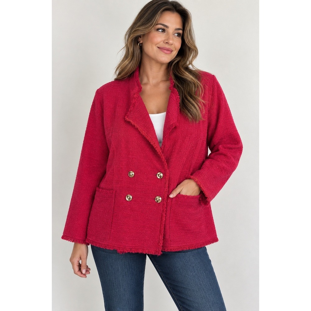 Chico's Size 4 XXL Red Tweed Bouclé Jacket Gold Buttons Quiet Luxury NWT